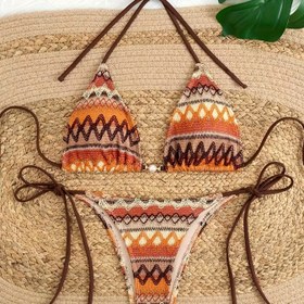 Resim Kadınların Şık Geometrik Baskılı Bikini Seti - Yüksek Esneklikli Polyester ve Elastan, Bağcıklı Askı Tasarımı, Plaj ve Havuz için Mükemmel, Plaj Bikini|Geometrik Desenli Mayo|Esnek Kumaş 