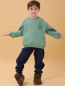 Resim Erkek Çocuk Bisiklet Yaka Ayı Baskılı Sweatshirt - Fıstık Yeşili / 5-6 Yaş 