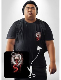 Resim Beyaz Ve Kırmızı Yılan Siyah Büyük Beden Kadın Basic Minimal Baskılı Tişört Siyah 