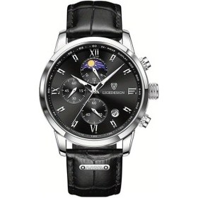 Resim Lumaworld Lıge Yeni Moda Erkek Kuvars Saati Silvery Black Yapış Deri Kordon İş Temperli Saat Altın 