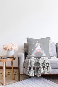 Resim RealHomes Çift Taraflı Gri Zeminde Unicorn Tasarımlı Çocuk Odası Raşel Örme Yastık Kırlent Kılıfı, Sonil-K4368g-43x43cm 