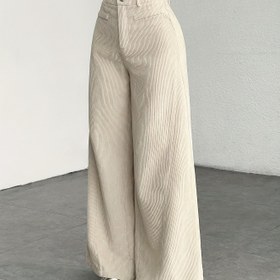 Resim Kadınların Şık Bej Geniş Bacaklı Pantolonları, Ön Düğme Kapatma ile - Sonbahar/Kış Dış Mekan ve Rahat Giyim için Mükemmel, Rahat Giyim Pantolonları|Şık Stil|Poliester Kumaş 