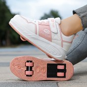 Resim 2025S Yeni Gençlerin Patenleri - Hafif Düşük Toplu Spor Ayakkabılar, Pembe ve Beyaz Çizgili Tasarım, Otomatik Geri Çekilebilir Kapatma, TPR Tekerlekler ve Nefes Alabilen Kumaş Astarı, Erkek ve Kız Çocukları İçin, Tüm Mevsim Açık Hava Sporları ve Günlük Giyim, Paten Ayakkabıları, Tüm Mevsim Ayakkabıları, Trendy Spor Ayakkabıları, Dayanıklı Tpr Taban 