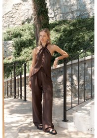 Resim Mai Collection Mai Studios Co. Prasetsah Bağlamalı Kahve Crop Pantolon Takım Kahve 