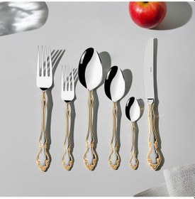 Resim Nehir Adriana Altın Saten 12 Kişilik 72 Parça Çatal Kaşık Bıçak Takımı Altın 