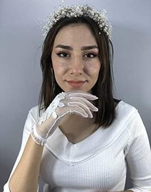 Resim Beyaz Boncuk İşlemeli Eldiven Ve Krem İncili Taç Nikah Takımı 