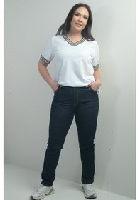 Resim By Saygı Kadın Yüksek Bel Boru Paça Büyük Beden Taşlanmış Kot Pantolon-40353 Lacivert 
