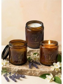 Resim 3 Lü Amber Cam Kavanoz Aromaterapi Mum Seti Yasemin-sandal Ağacı-lavanta Amber 