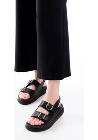 Resim Siyah Günlük Dolgu Topuk Toka Aksesuarlı Kadın Sandalet Siyah 