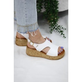 Resim Asmi Shoes Kadın Elena Mantar Taban Ortopedik Sandelet Beyaz 