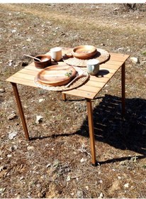 Resim Joyfull Turtle 70x70x50 cm Kayın Katlanır Rulo Kamp Masası ve Çantası 