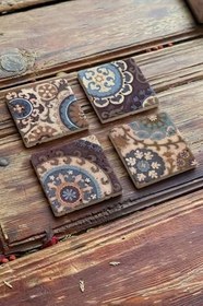 Resim Oscar Stone Decor Renkli Desen Tile Baskılı Doğaltaş Bardak Altlığı Set 4'Lü 4Dsn-171 