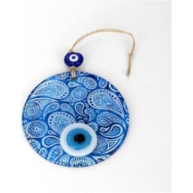 Resim Mavi Beyaz Cam Nazar Boncuğu, El İşçiliği Cam Duvar Süsü, Nazarlı 