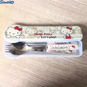 Resim 1 set Sanrio KT Kedi Yemek Çubukları ve Kaşık Seti, Taşınabilir Seyahat Mutfak Takımı, İşe, Açık Hava Pikniklerine, Parti Sofra Takımı için Uygun 