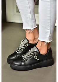 Resim Fox Shoes P602001709 Siyah Taşlı Bağcıklı Kadın Spor Ayakkabı Sneakers Siyah-suni Deri 