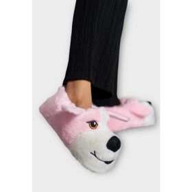 Resim Unisex Sevimli Köpek Figürlü Kaymaz ve Ses Yapmaz Taban Ev Panduf Pudra 