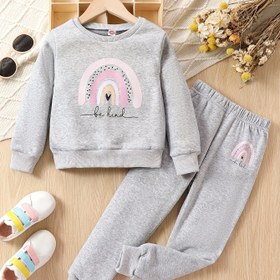 Resim Kızlar için Rahat Sevimli Kapüşonlu Kalın Polar Sweatshirt ve Uzun Pantolon Takımı Gökkuşağı "Nazik Ol" Baskılı 