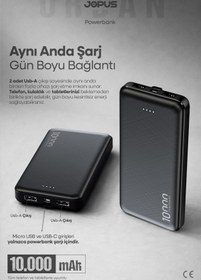 Resim Jopus 10000mAh Powerbank - Led Işık Göstergeli - Taşınabilir Şarj Cihazı - Siyah JP-P10 