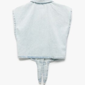 Resim Kız Çocuk Düğme Kapamalı Bağlama Detaylı Pamuklu Crop Denim Gömlek 