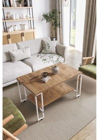 Resim Nury Orta Sehpa Beyaz Metal - Atlantik Çam Tabla 