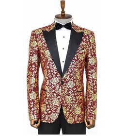 Resim Wessi Gold Gül Desenli Slim Fit Bordo Erkek Smokin Ceket Bordo 