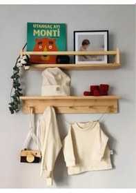 Resim Montessori Stil Doğal Ahşap Duvar Rafı Ve Askılık Çocuk Odası Düzenleyici Hazır Kurulum 2'li Set Ahşap 