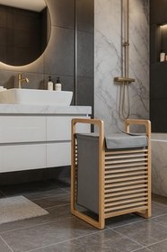 Resim Modern Bambu Çamaşır Kirli Sepeti Geniş Hacim 61X40 X35 cm 