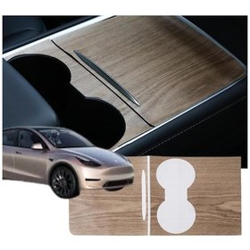 Resim Tesla Model Y / Model 3 Orta Konsol Ahşap Kaplama Stiker, 2 Adet Set Olarak 