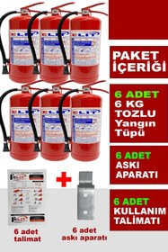 Resim ELİT YANGIN VE GÜVENLİK SİSTEMLERİ 6 Kg Tozlu Yangın Söndürme Tüpü Askı Aparatı + Talimat Dahil Ruhsata Uygun 6'lı Paket 