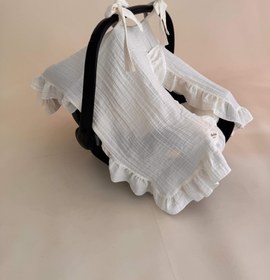 Resim Fırfırlı Puset Örtüsü ve Minderi - 2 Katlı Organik Muslin Krem 