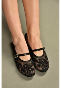 Resim Fox Shoes Y726330115 Siyah İnci Detaylı File Kadın Babet 