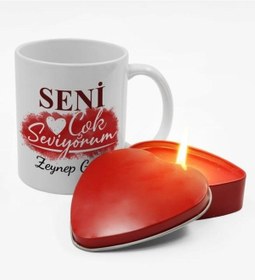 Resim Sevgililere Özel Tasarım Kişiye Özel Kupa & Kırmızı Kalpli Mum Hediye Seti 