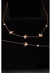 Resim Papatya Silver 925 Ayar Gümüş Rose Kaplama Taşlı Kırlangıç Kolye Bileklik Set 