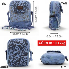 Resim Cappadocia Vintage Kadın Mavi Çiçek Desenli Omuz Çantası - Bohem Tarz Mini El ve Telefon Çantası 
