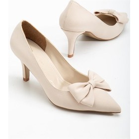 Resim Büyük Beden Kadın Stiletto İnce Topuklu Ayakkabı Bej Saten Fiyonklu-4296 Bej 