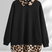 Resim Büyük Beden Leopar Dikişli Sweatshirt, Günlük Uzun Kollu Yaka Kazak Sweatshirt, Kadın Büyük Beden Giyim 
