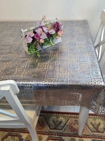 Resim İthal Silinebilir Pvc Masa Örtüsü Kaymaz Tabanlı, Kumaş Görünümlü Pvc Masa Örtüsü İthl026 Gümüş 