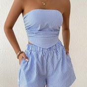 Resim Kadınların 2 parçalı Rahat Strapless Çizgili Atlet ve Cep Şort Seti 