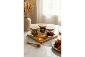 Resim Feyza Design Şık 9 Parça Bambu Vakum Kapaklı Kahvaltılık Seti 