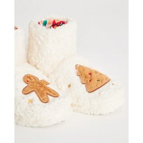 Resim Chirpy Kadın Beyaz Peluş Panduf - Cookie Noel Temalı Çok Renkli Desen ile Sıcak Tutma 