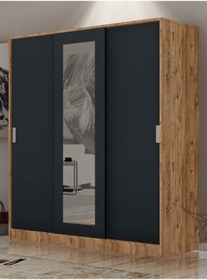 Resim Metalia Antrasit Gri Gm 644 Sline 3 Kapılı Sürgülü Askılıklı Raflı Atlantik Çam Gardırop 