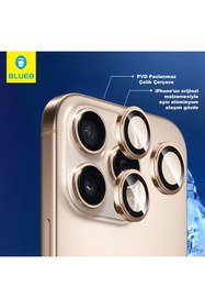 Resim BLUEO Sapphire iPhone 14 Pro Max Uyumlu 9 MOhs %99.99 Orijinal Safir Gold Titanium Kamera Lens Koruyucu 