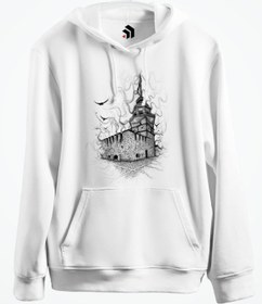 Resim Istanbul Maiden Tower - Kız Kulesi Baskılı Kapşonlu Sweatshirt - Beyaz / XL 