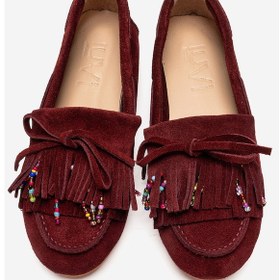 Resim Luvishoes Evelyn Bordo Süet Hakiki Deri Püsküllü Boncuklu Kadın Loafer Ayakkabı 