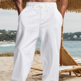 Resim Erkekler için hafif keten karışımı düz paça uzun pantolon - arka cepli, bağcıklı, yazlık plaj pantolonu, günlük tatil giyimi için uygun (bedenler S-XXXL) 