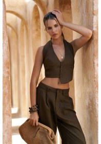 Resim Mai Collection Mai Studios Co. Lvdovila Kahve Keten Crop Yelek Pantolon Takım Kahve 