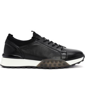 Resim Erkek Siyah Kalın Tabanlı Bağcıklı Deri Casual Sneaker 