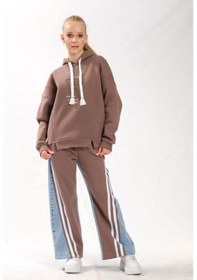 Resim Kız Çocuk Pamuklu Kapüşonlu Yırtmaçlı Yarasa Kol Şardonlu Sweatshirt-13451-kahverengi Kahverengi 