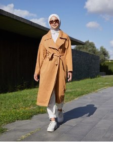 Resim Vioshine Kadın Kruveza Yaka Kuşaklı Kot Trençkot-camel Camel 