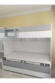 Resim Duranlar Ahşap Mobilya Gri & Beyaz Yavru Yataklı Ranza (MDF) 